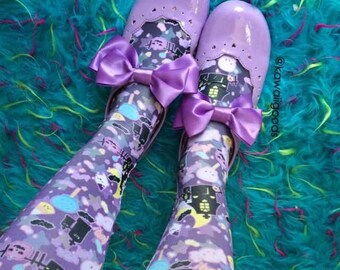 Candy Cemetery Tights, Eyeball Bone Creepy Cute Bat Leggings Tights, Bat Tights, Pastel Goth Tights, Lavender Eyeball Tights