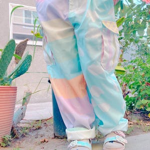 Pastel Dreamy Rainbow clouds cargo pants, cargo pants, fairykei pants, kawaii pants, cute pants