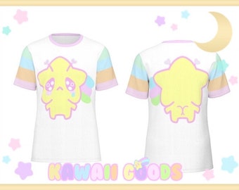May include: White t-shirt with a yellow star-shaped character with a sad face. The sleeves have pastel rainbow stripes and pink trim. The text "KAWAII GOODS" is at the bottom of the image.
