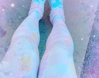 Gummy Bear Alien Gingham Leggings, Fairy Kei Leggings, Pastel Bear Leggings (made to order)