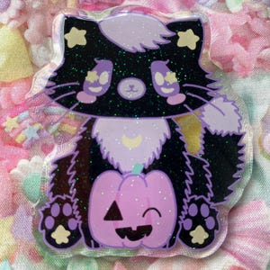 Misty Midnight Pin Brooch, Creepy Kitty Pin, black cat, Creepy Cute Glitter Pin
