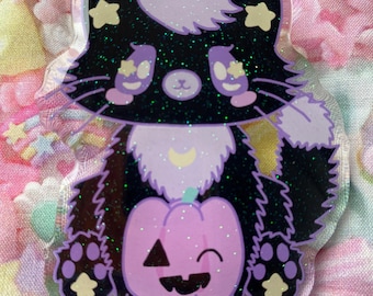 Misty Midnight Pin Brooch, Creepy Kitty Pin, black cat, Creepy Cute Glitter Pin