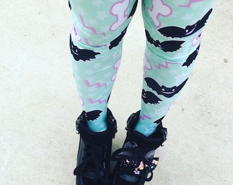 Eyeball Bone Creepy Cute Bat Leggings Tights, Bat Tights, Pastel Goth Tights, Lavender Eyeball Tights