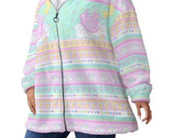 May include: A pastel-colored zip-up jacket with a whimsical pattern. The jacket features a light blue, pink, and yellow design with repeating heart, cloud, and star motifs. The jacket has a white, fluffy interior and is paired with blue jeans.
