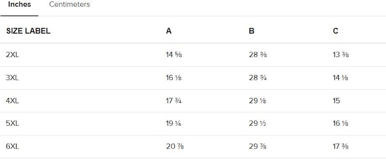 May include: Size chart for clothing with measurements in inches. The chart shows the size label, chest measurement (A), waist measurement (B), and sleeve length (C).