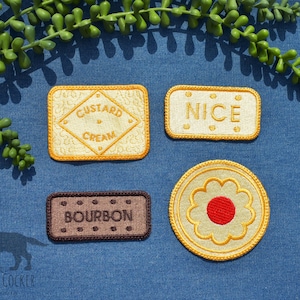 Classic British Biscuits Iron-on Patches: Custard Cream, Bourbon, Jammy Round, Nice