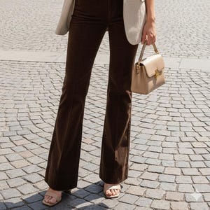 High Rise Stretch Corduroy Bell Bottoms: Pin Tuck Seam Brown Flares