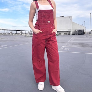 Womens Retro-Inspired Summer Light Canvas Multi Pockets Pottery Artist Cranberry Overalls