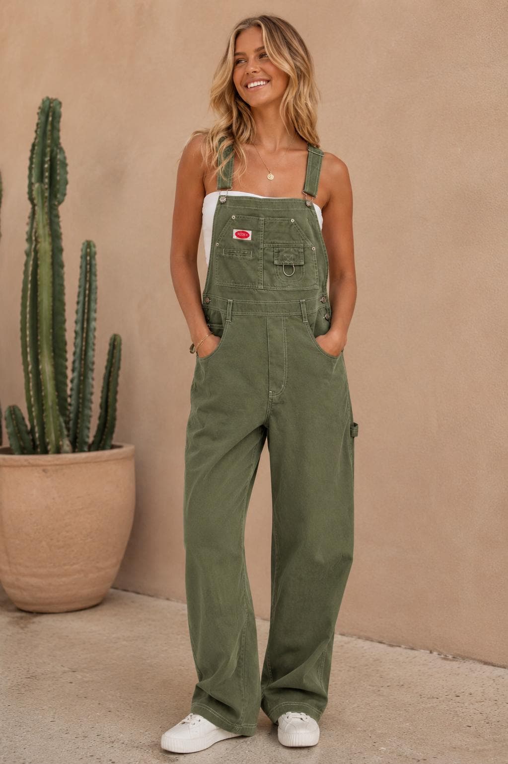 Plus Size Revolt Vintage 90s Style Cotton Overalls - Olive Khaki Dungarees