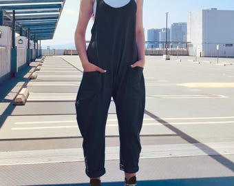 Womens Baggy Harem Cotton Loose Jumper Fit Big Pockets Black Blue Neon Pink Jumspuit