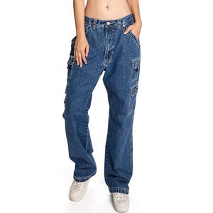 May include: A pair of blue denim cargo pants with multiple pockets and a straight leg fit.