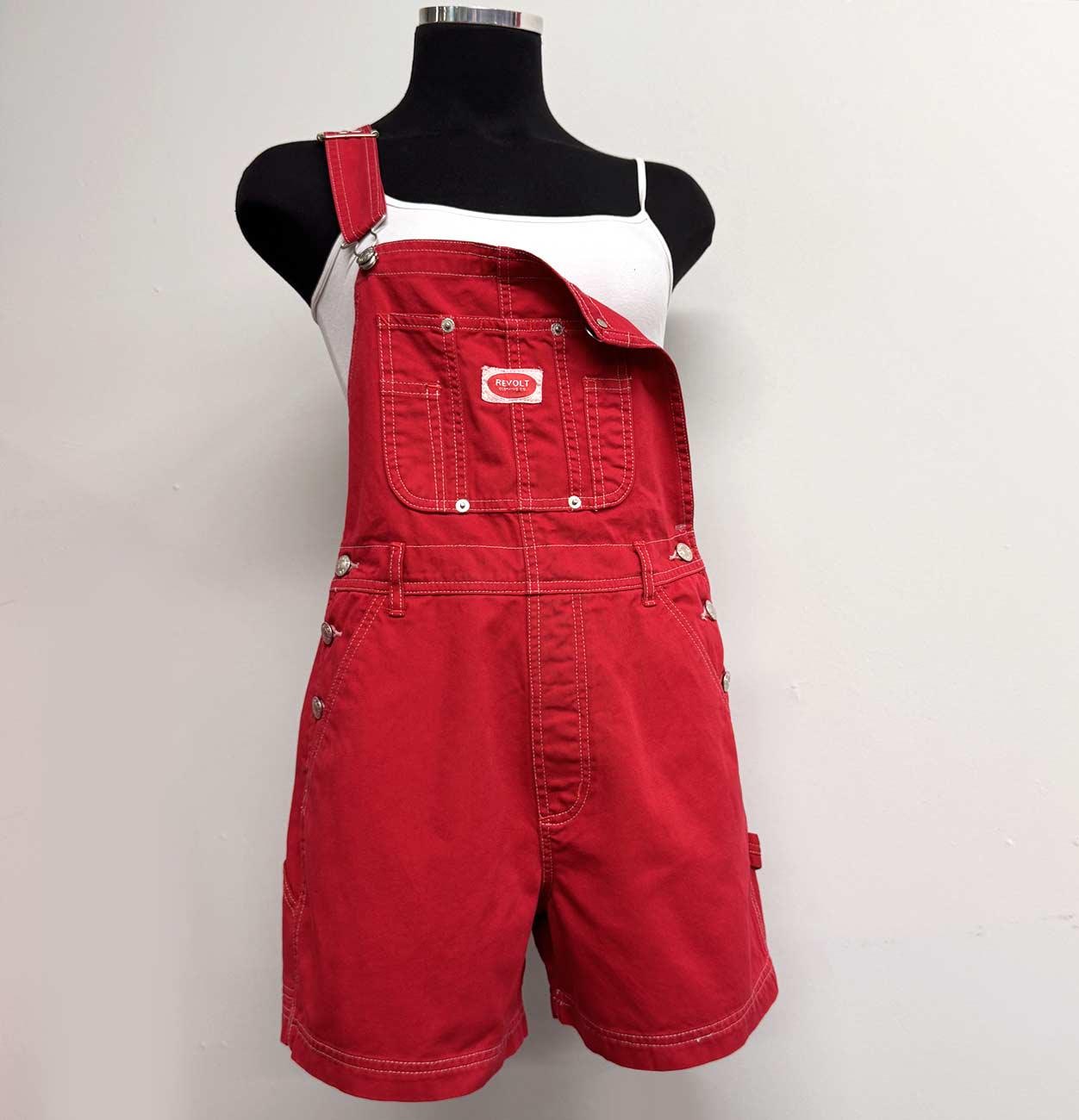 Revolt Vintage 90s Overalls Dungaree Shortall, Deadstock Rompers, Durable Cotton Multi Pocket Bib, Utility Petite Fit Khaki Red Overalls
