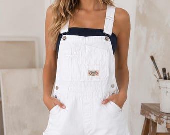 Womens Retro-Inspired Short Romper Garment Dyed Dungaree Overalls