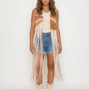 Womens Fringe Festival Patchwork Sunrise Faux Suede Unique Vest