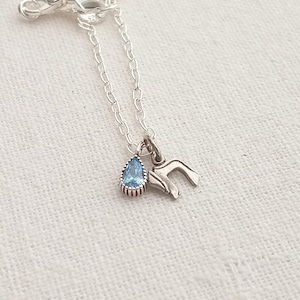 Teeny chai pendant. Petit sterling silver chai w blue teardrop CZ delicate necklace. Protection jewelry. Judaica jewelry. Kabbalah talisman