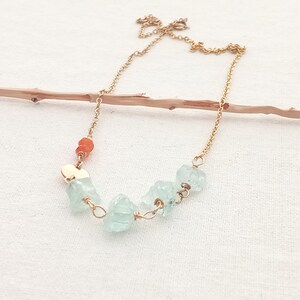 Aquamarine pendant necklace. Raw natural blue aquamarine. 14k Gold Filled fine aquamarine necklace for luxury women. March birthstone.