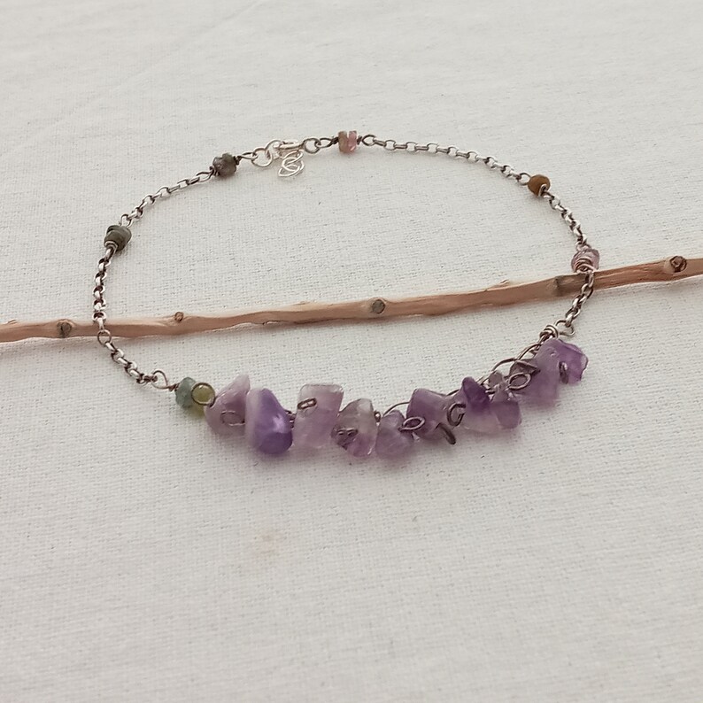 Amethyst anklet. Sterling silver anklet. Gemstone amethyst February women gift anklet. Handmade anklet. Waterproof amethyst anklet. Festival image 1