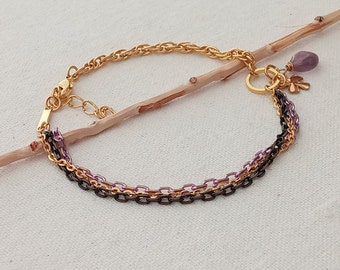 Amethyst anklet. Gold or Silver layered purple anklet. Layered anklet. Adjustable. Lilac clover charm. Birthday anklet gift. Women gift's