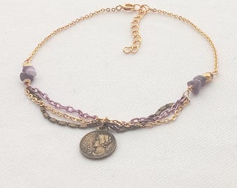 Münze Fußkettchen. Charm Sommer Winter Layering Fußkettchen. Vergoldet. Amethyst Stein