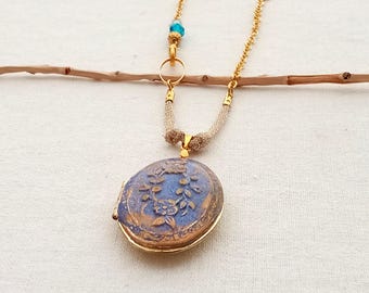 Gold Long Locket Necklace, Blue Floral Pendant, Photo Keepsake+ Gift