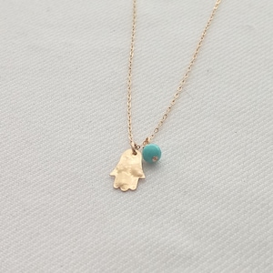 14K Gold Filled tiny hamsa necklace. Turquoise. Jewish Pendant+ Gift