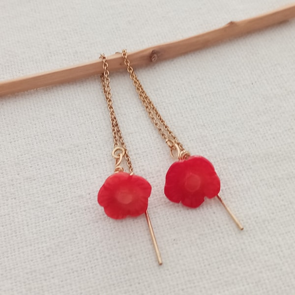 Red earrings flowers. Red coral flower threader earrings. 14k Gold Filled threader red earring. Minimalist threader earring. Red jewelry