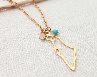 14k guldfyllt halsband med Israelkarta + gåva. Judiska skyddssmycken + gåva