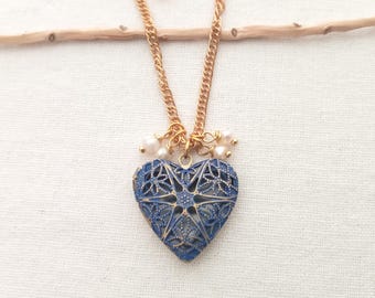 Locket jewelry necklace. Vintage blue heart picture locket's necklace. Romantic+ Gift