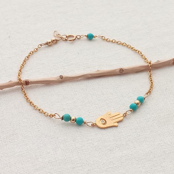14K Gold Filled Hamsa Bracelet with Turquoise – Protection Jewelry