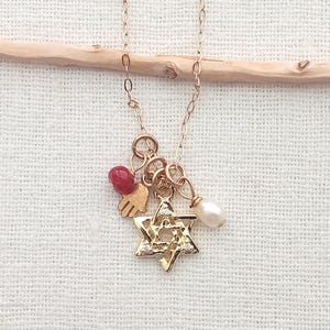 14K Gold Filled Star of David Necklace, Hamsa, Ruby, Pearl Pendant