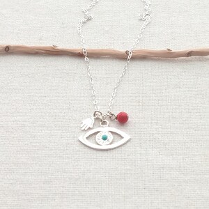Sterling Silver Evil Eye Hamsa Necklace with Red Coral – Protection Jewelry