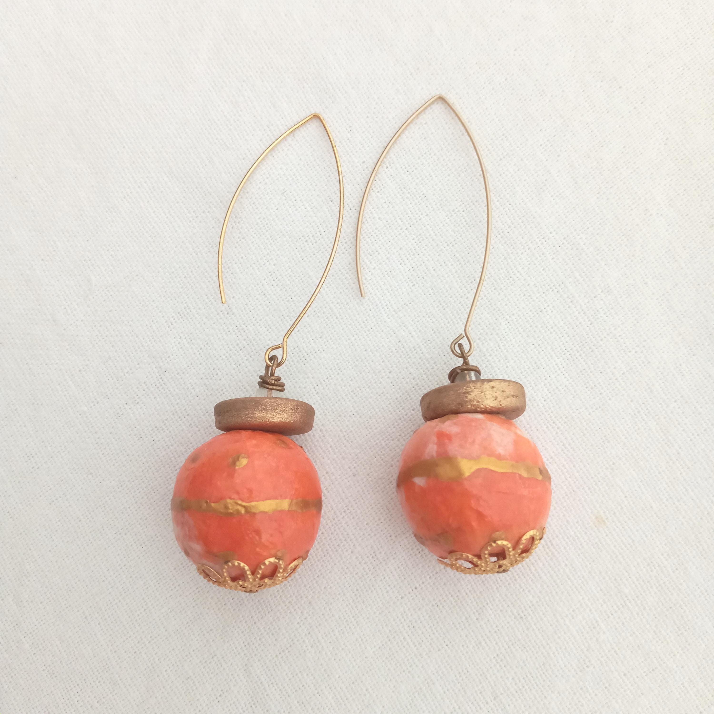 Boucles D'oreilles Boule En Bois Orange - Vernis Ultra Brillant, Léger, Fantaisie, Neuf Sans Emballage