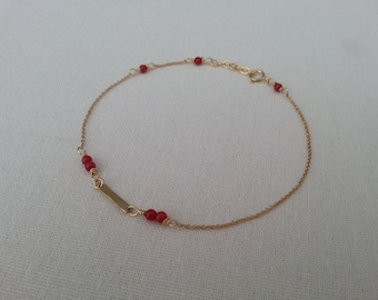 14k Gold Filled red anklet. Minimalist bar anklet. Hammered bar. Natural coral. Vacation 2023. Anklet. Beach Anklet. Festival anklet. Tiny.