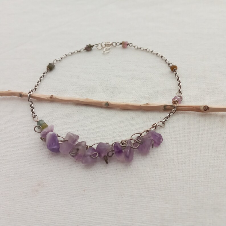 Amethyst anklet. Sterling silver anklet. Gemstone amethyst February women gift anklet. Handmade anklet. Waterproof amethyst anklet. Festival image 2