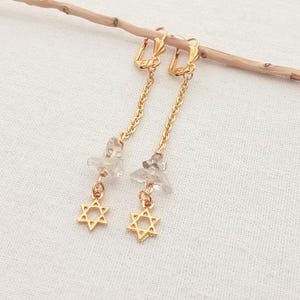 Jewish symbol Star of David gold earrings. Clear Quartz. Dangle. Jewish Jewelry.