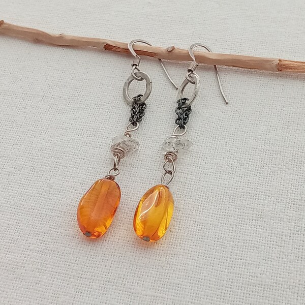 Baltic amber w Herkimer gemstone long Sterling silver dangle earrings. Wrapped earrings. Handmade. Unique delicate earrings. Women's gift