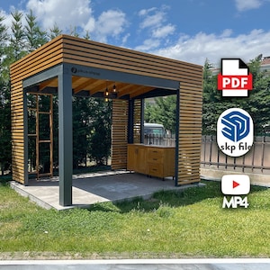 May include: A wooden pergola with a metal frame and a wooden roof. The pergola has a small wooden cabinet on one side and a wooden ladder on the other side. The pergola is surrounded by green grass.