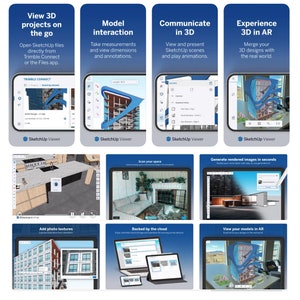 May include: Screenshots of the SketchUp Viewer app for iOS devices. The app allows users to view 3D projects, take measurements, communicate in 3D, and experience 3D in augmented reality. The app is backed by the cloud and allows users to generate rendered images in seconds.