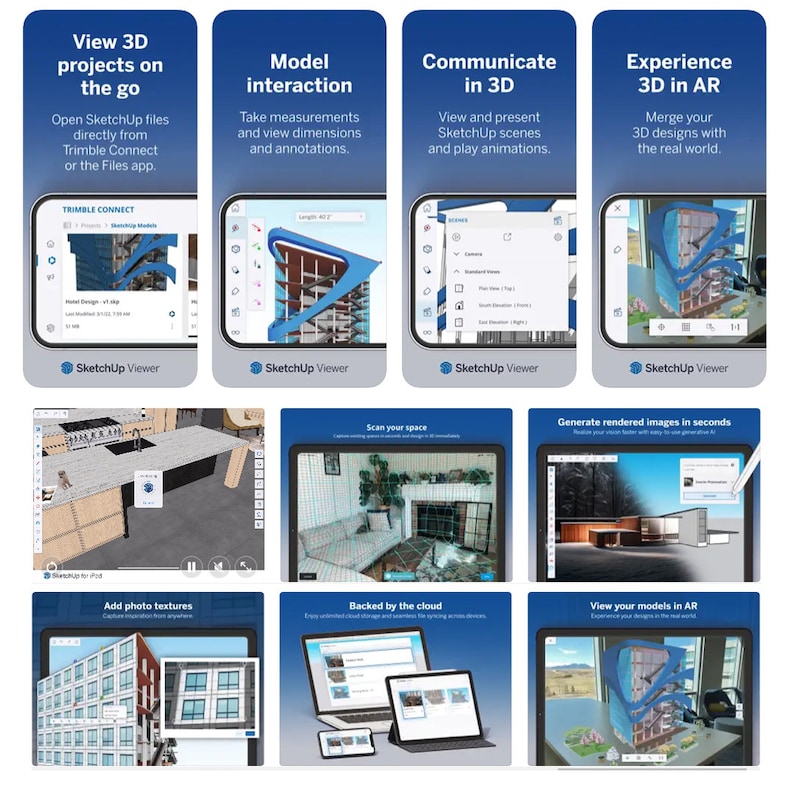 May include: Screenshots of the SketchUp Viewer app for iOS devices. The app allows users to view 3D projects, take measurements, communicate in 3D, and experience 3D in augmented reality. The app is backed by the cloud and allows users to generate rendered images in seconds.