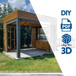 May include: A DIY pergola design with a wood and metal frame. The design includes a 3D model and PDF plans. The pergola is shown in a backyard setting with a wooden countertop and cabinets.