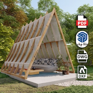 May include: A-frame wooden structure with a light-colored fabric roof and sides. Inside, a gray and white patterned sofa, a small wooden table, and hanging plants are visible. The structure is set on a concrete base, surrounded by greenery. PDF, SKP, DWG, and DXF file icons are shown.