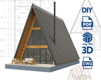 A Frame Tiny House Plan, 10m x 6m A Frame House Plans, A Frame Cabin Plans, Easy to build DIY Blueprints, Mezzanine, 1 bedroom and terrace