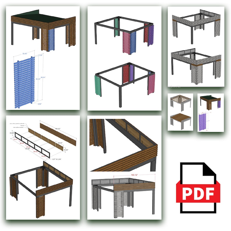 May include: A 3D rendering of a pergola with a wooden roof and slatted privacy screens. The pergola is 165.12 inches wide and 13.5 inches tall. The privacy screens are made of wood and are 36.5 inches wide and 80.5 inches tall.