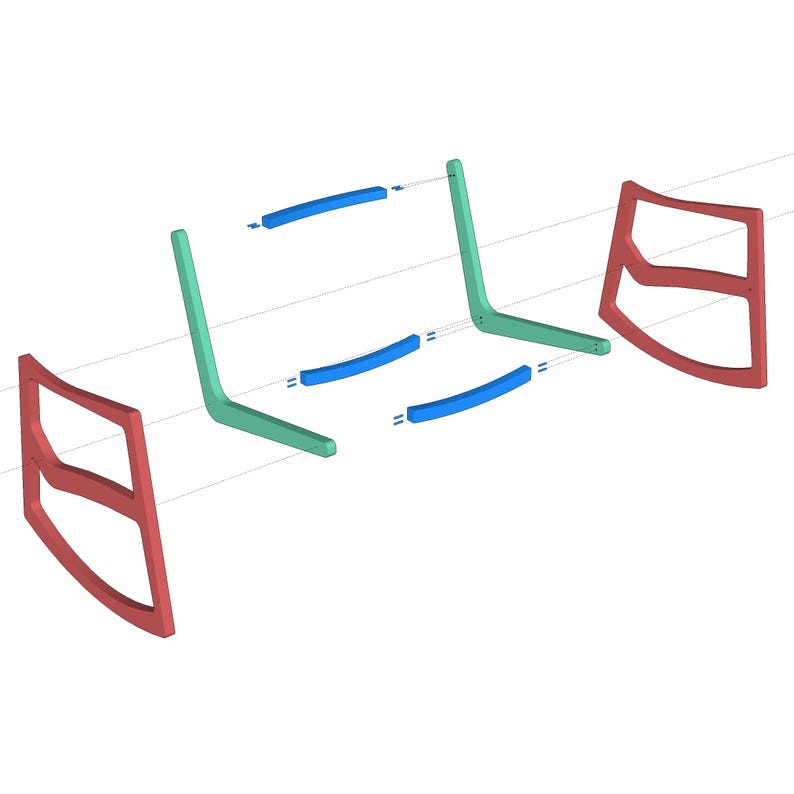 May include: A disassembled rocking chair with five pieces. The chair is made of red and green wood. The chair has a curved back and a curved seat.