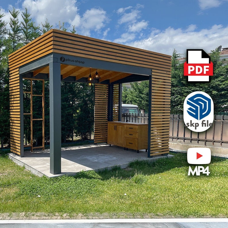 May include: A wooden pergola with a metal frame and a wooden roof. The pergola has a small wooden cabinet on one side and a wooden ladder on the other side. The pergola is surrounded by green grass.