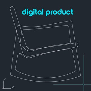 May include: Line drawing of a rocking chair, with the text "digital product" in blue above it.