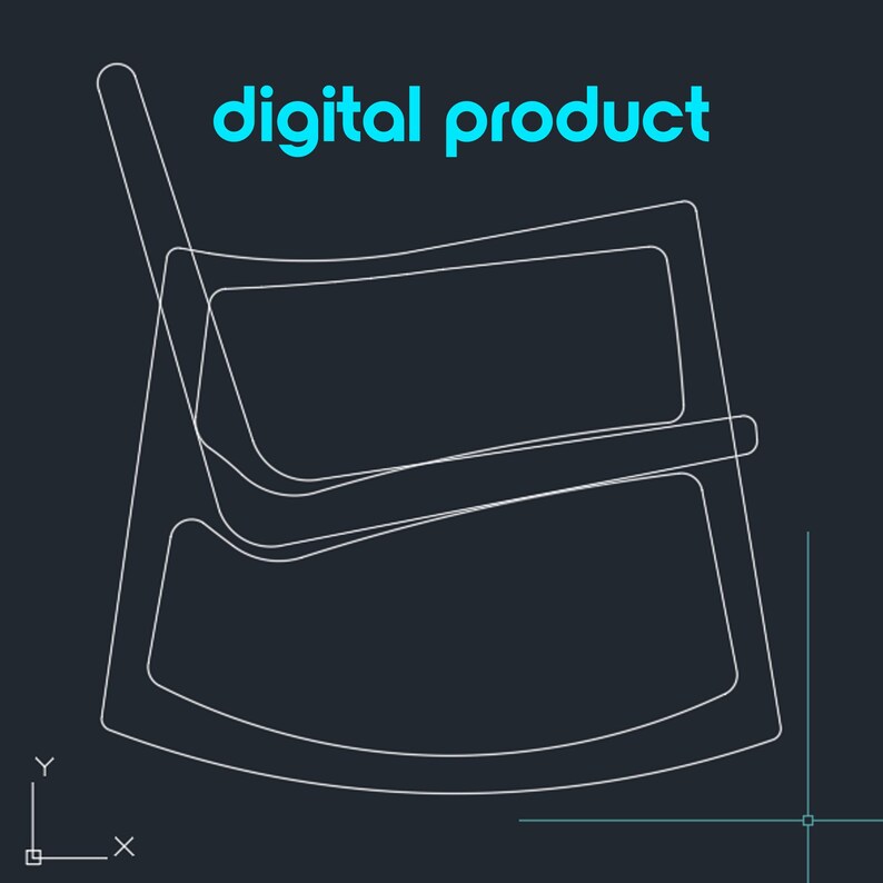 May include: Line drawing of a rocking chair, with the text "digital product" in blue above it.
