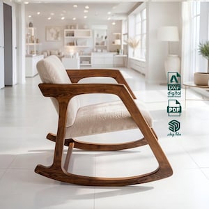 Peut inclure: Une chaise &agrave; bascule en bois avec un si&egrave;ge et un dossier rembourr&eacute;s beige clair. La structure pr&eacute;sente une finition en bois brun fonc&eacute; avec des accoudoirs angulaires. Le texte &agrave; droite indique les formats DXF, PDF et .skp.