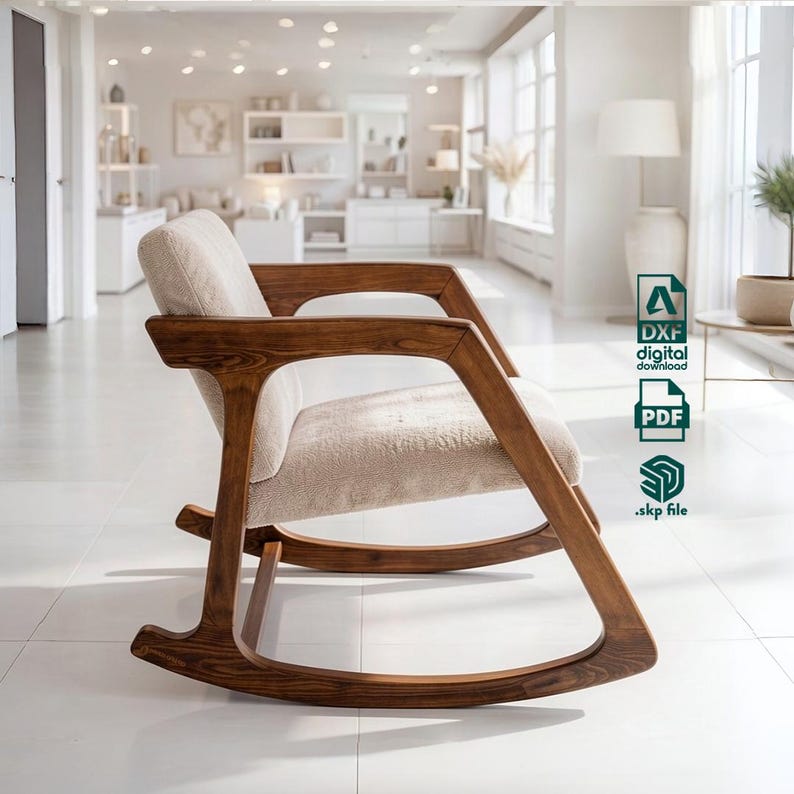 Peut inclure: Une chaise &agrave; bascule en bois avec un si&egrave;ge et un dossier rembourr&eacute;s beige clair. La structure pr&eacute;sente une finition en bois brun fonc&eacute; avec des accoudoirs angulaires. Le texte &agrave; droite indique les formats DXF, PDF et .skp.