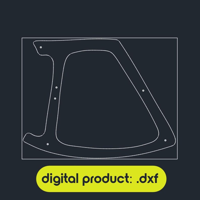 Peut inclure: Un dessin au trait blanc d'un panneau lat&eacute;ral de chaise &agrave; bascule sur fond sombre, encadr&eacute; par un rectangle. Sous le cadre, un rectangle jaune aux coins arrondis contient le texte noir : digital product: .dxf.